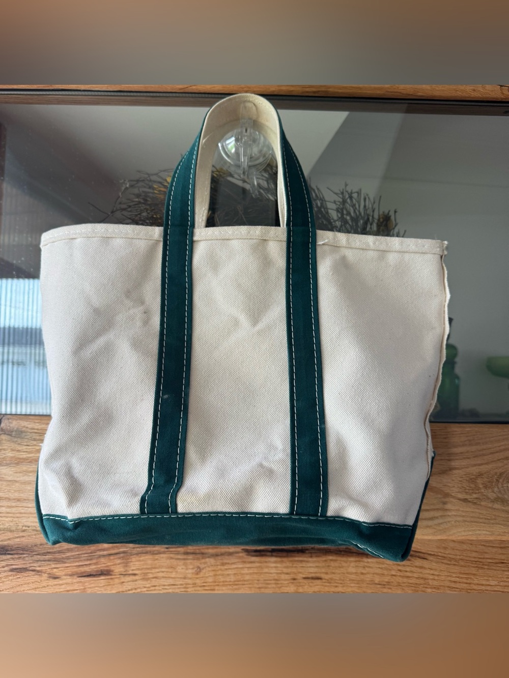 Vintage L.L.Bean Boat and Tote Canvas Bag Green Trim 17” x 10”